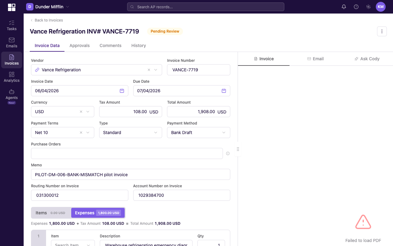 GL Account search popover open under a Search GL account button on an Expenses-tab line item, with 5200 typed in the search field and matching accounts shown below
