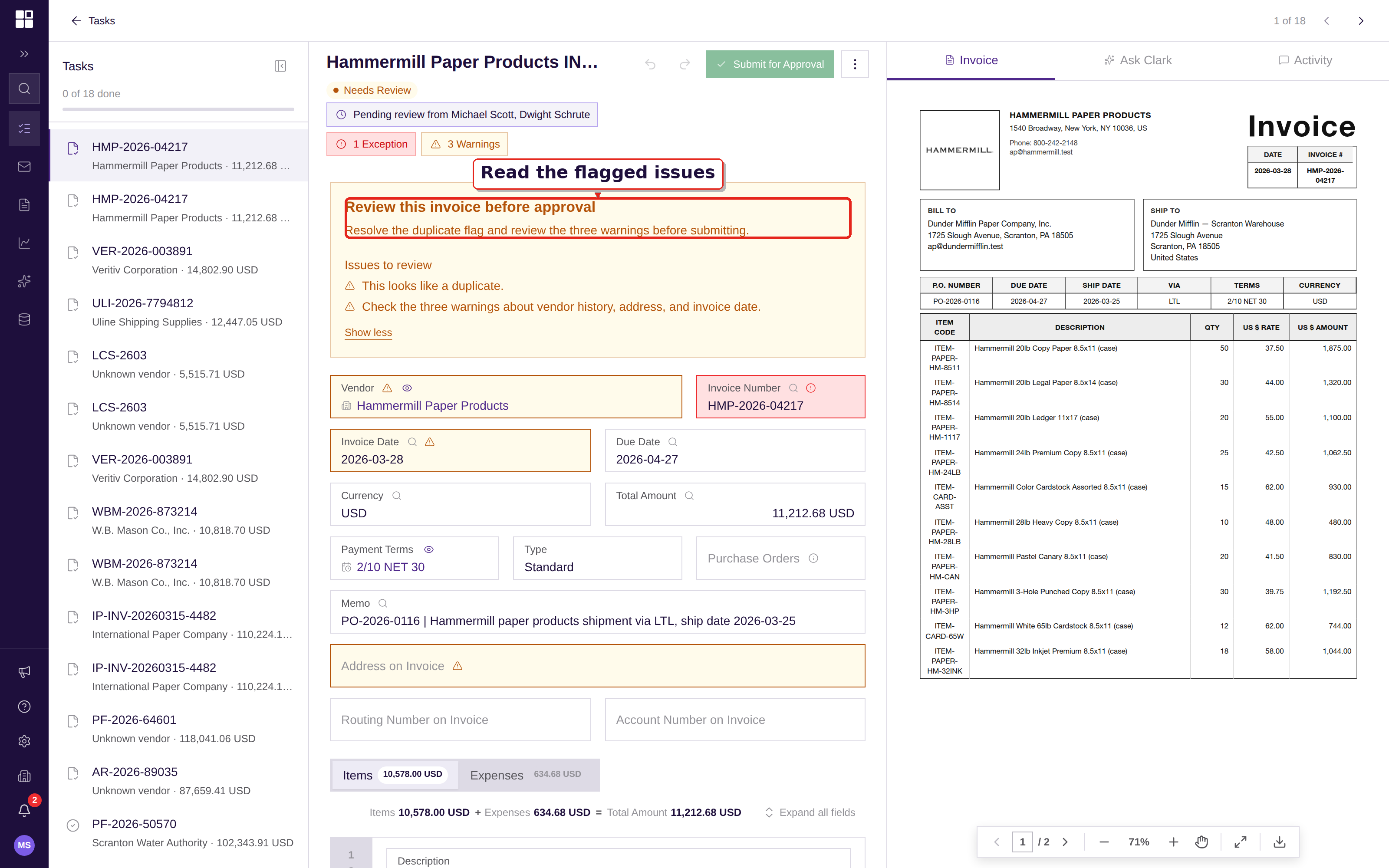A yellow Review recommendation expanded to show its real flagged issues