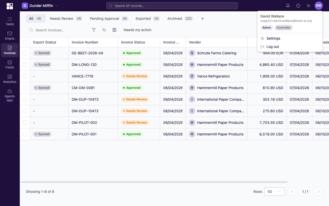 Avatar overlay menu open in the top-right of an Invoices page, showing the logged-in user's name and role badges above two menuitems: Settings (gear icon) and Log out