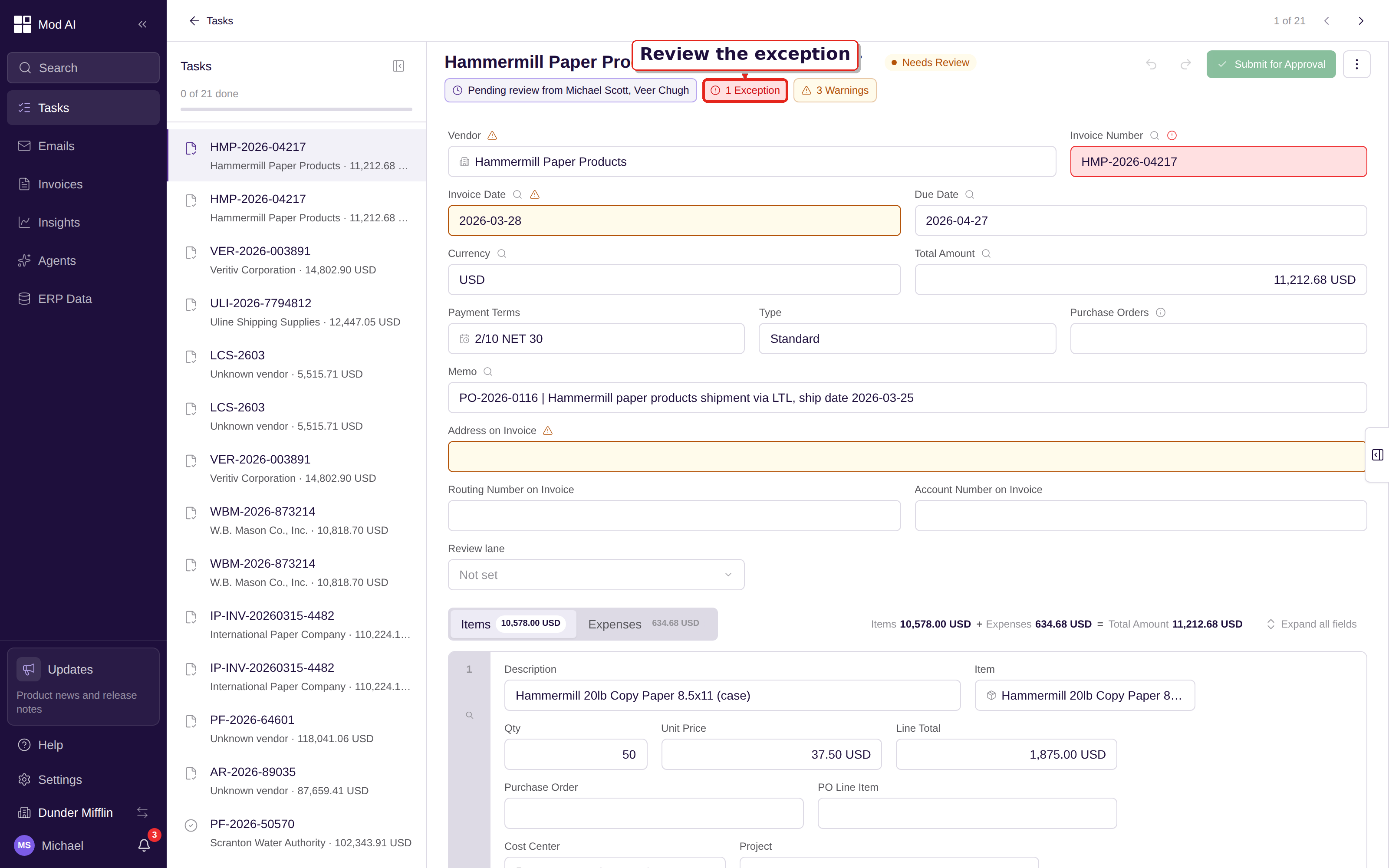 Task focus bill detail with the document rail and exception-aware action bar called out