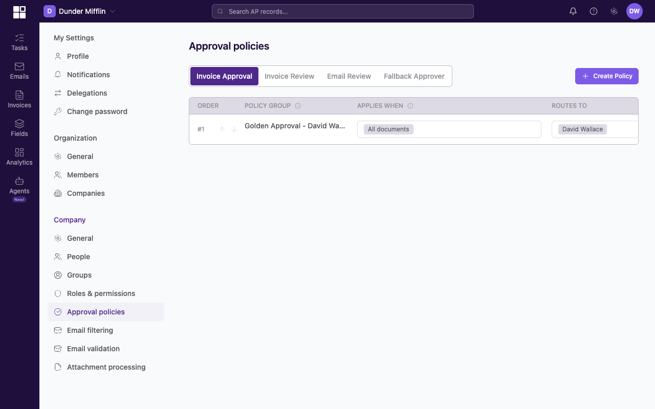 Approval chains settings page with a list of chains, each tagged by its chain type: approval, validation, or email_review