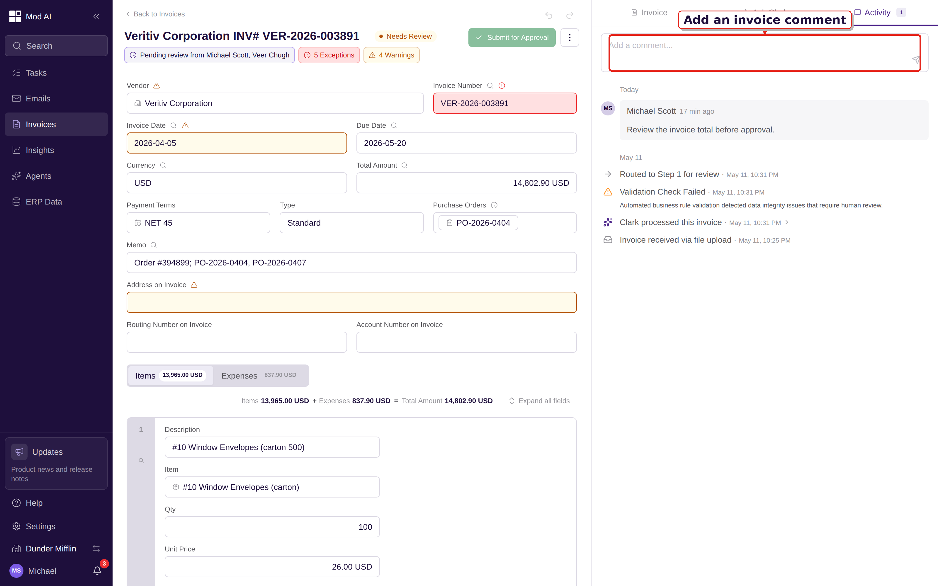 Current invoice Activity surface with the comment composer called out