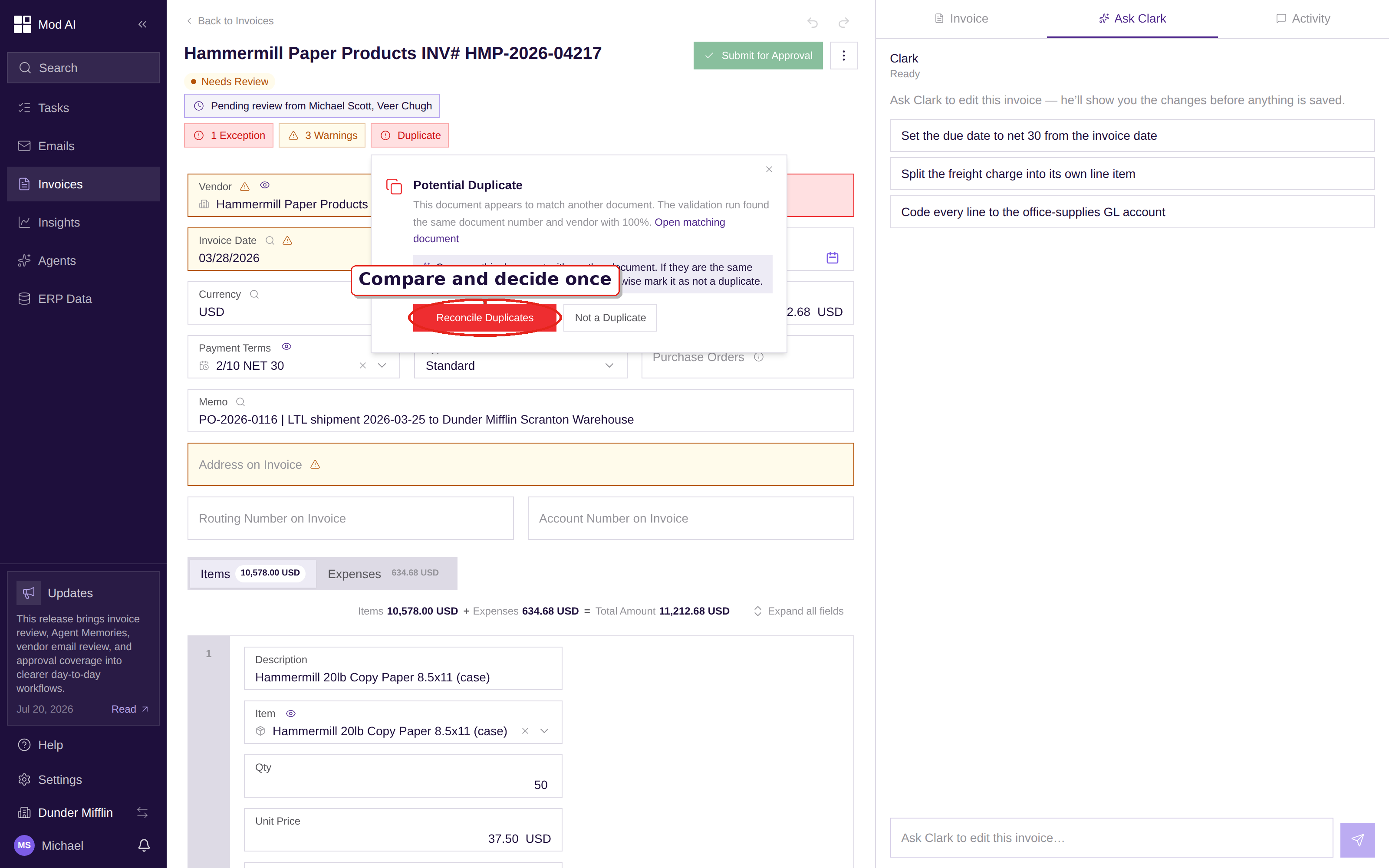 The Potential Duplicate notice card with Reconcile Duplicates and Not a Duplicate options