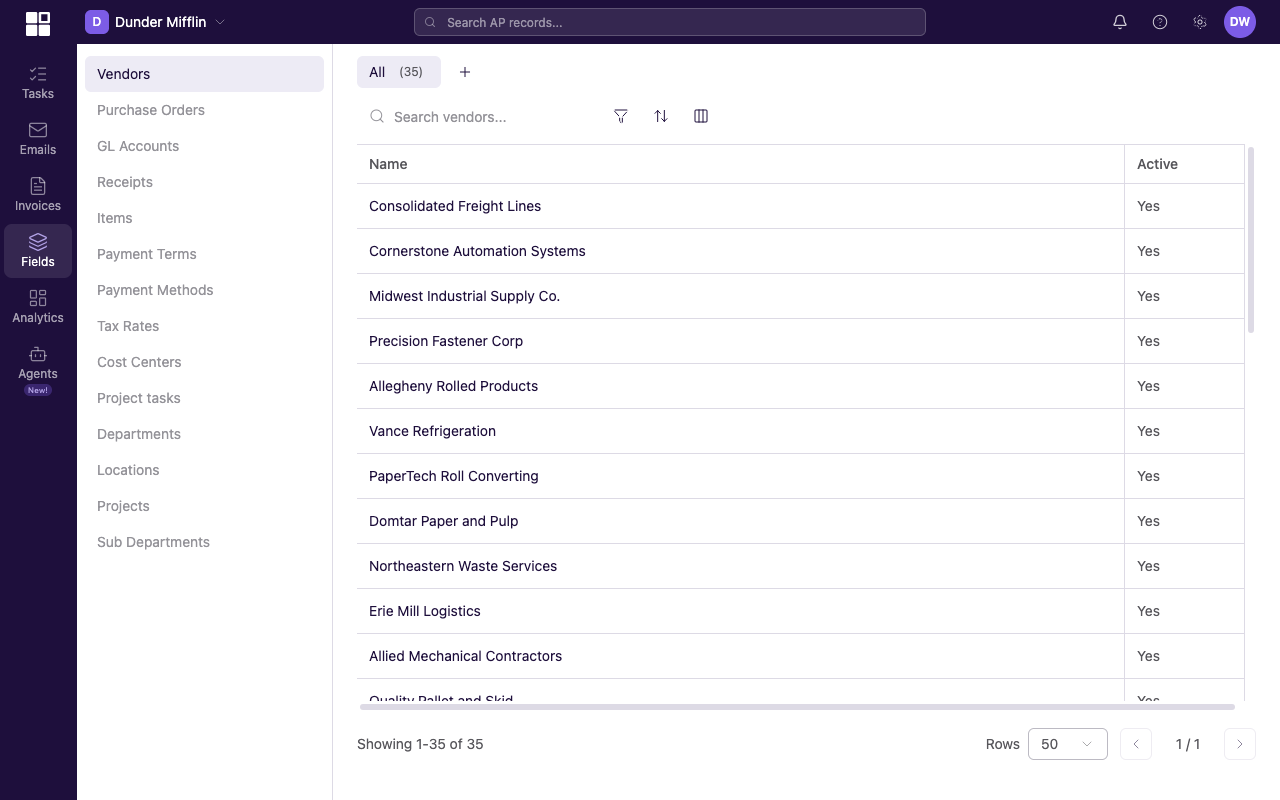 Vendors list with the Filter panel open showing the available filter fields