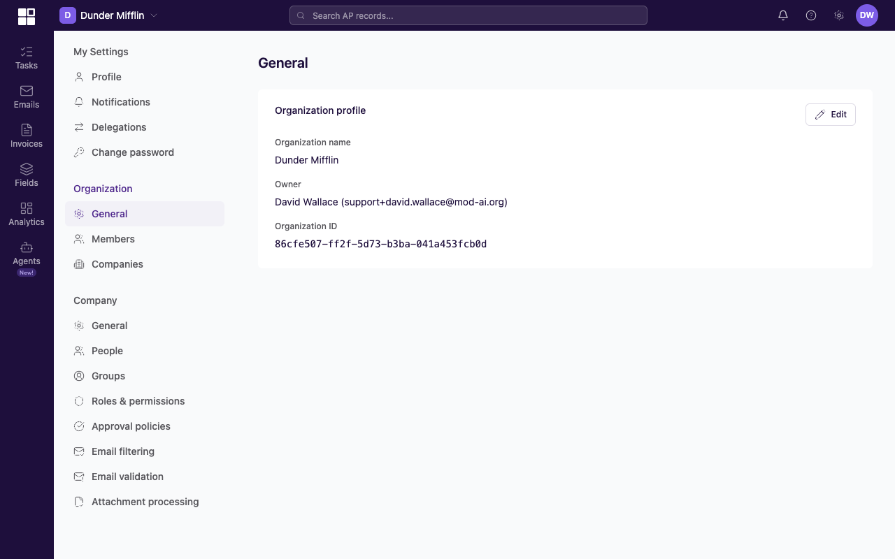 Organization General settings page in the three-tier settings nav