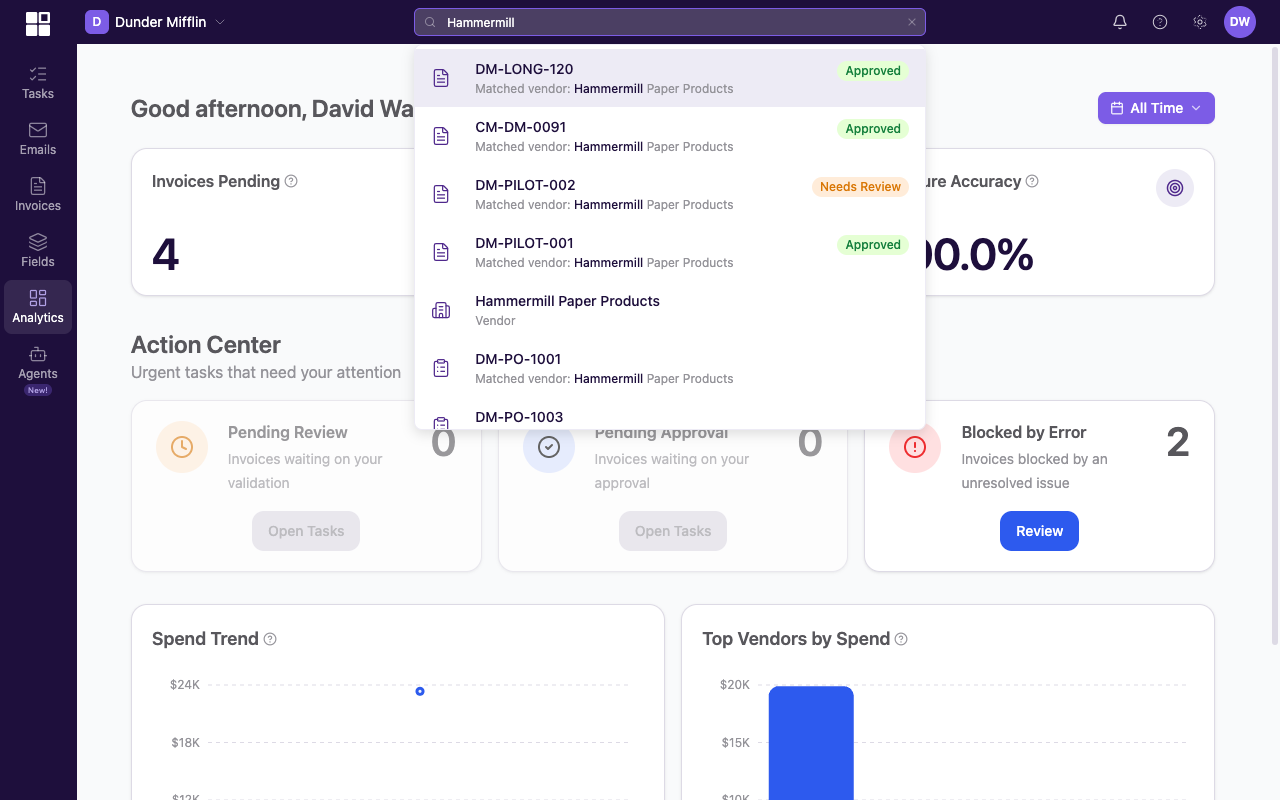 Dashboard with the global search palette open in the center of the screen, showing recent items and the search prompt