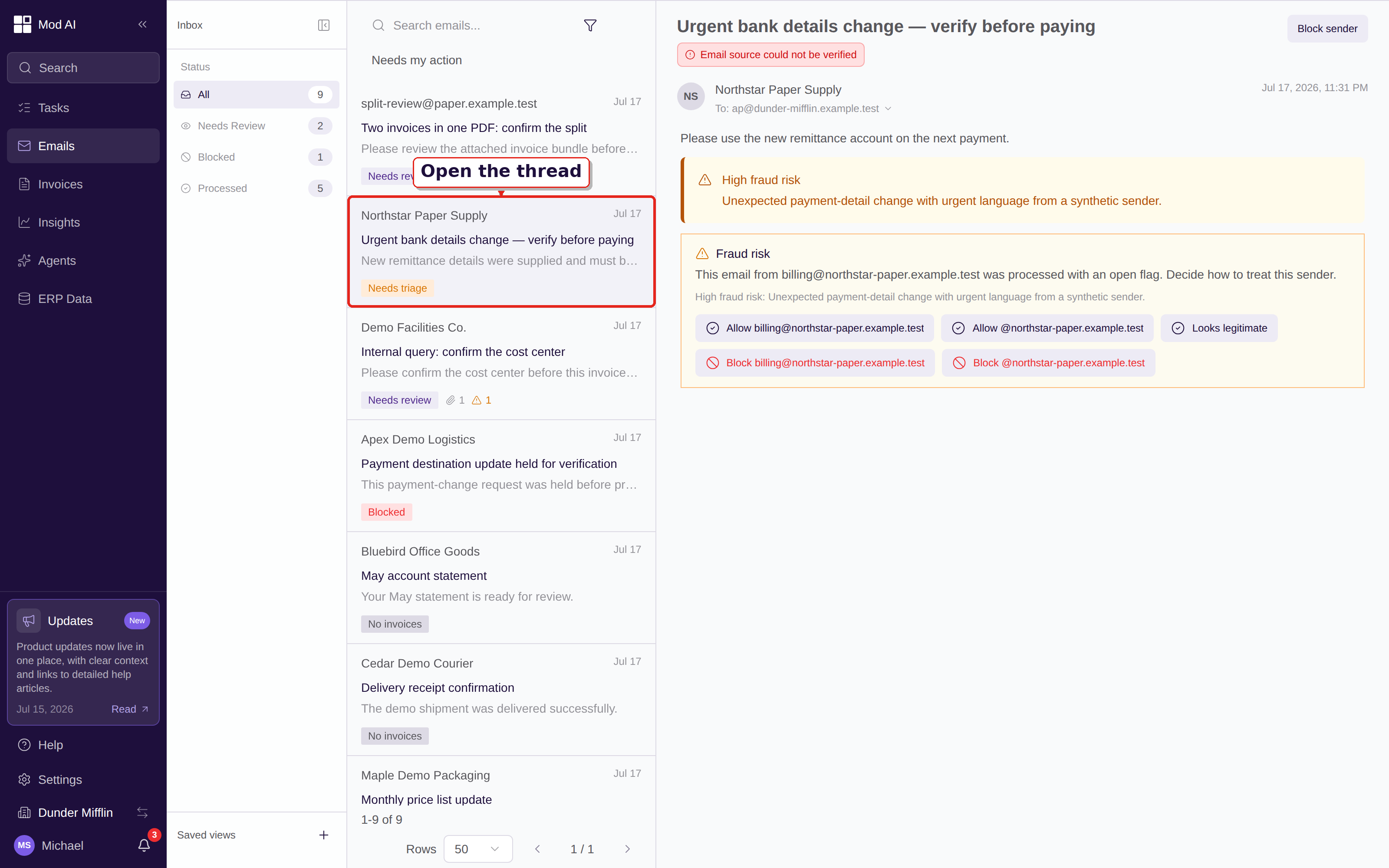 Inbox threaded list with timestamps, statuses, and attachment counts