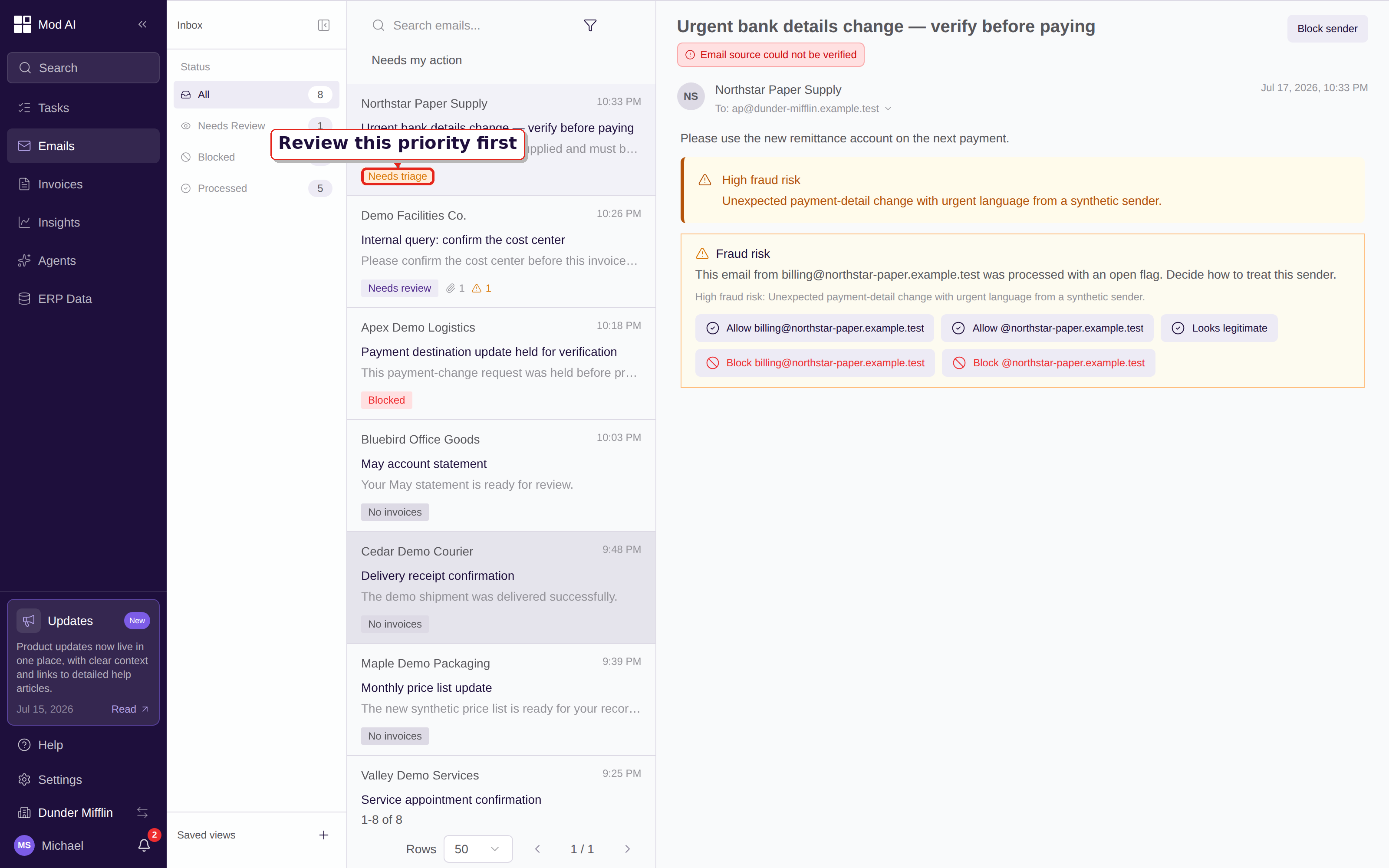 Inbox showing synthetic emails with Needs triage, Needs review, and Blocked labels