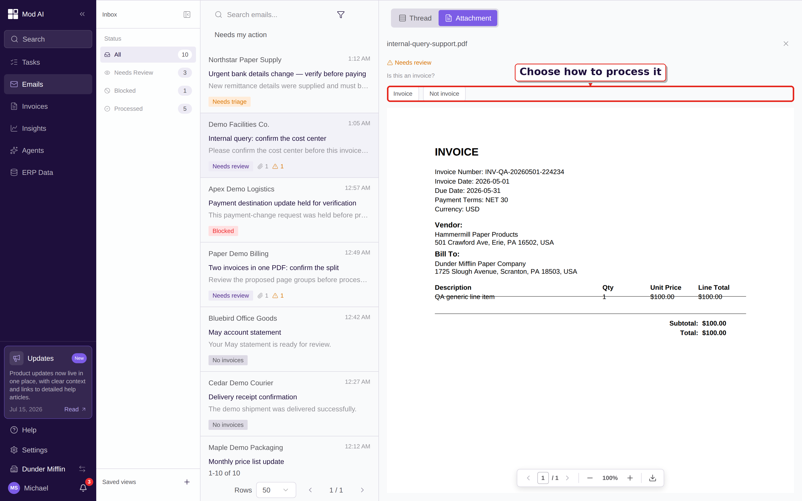 Inbox attachment review showing the real needs-review state and invoice classification actions