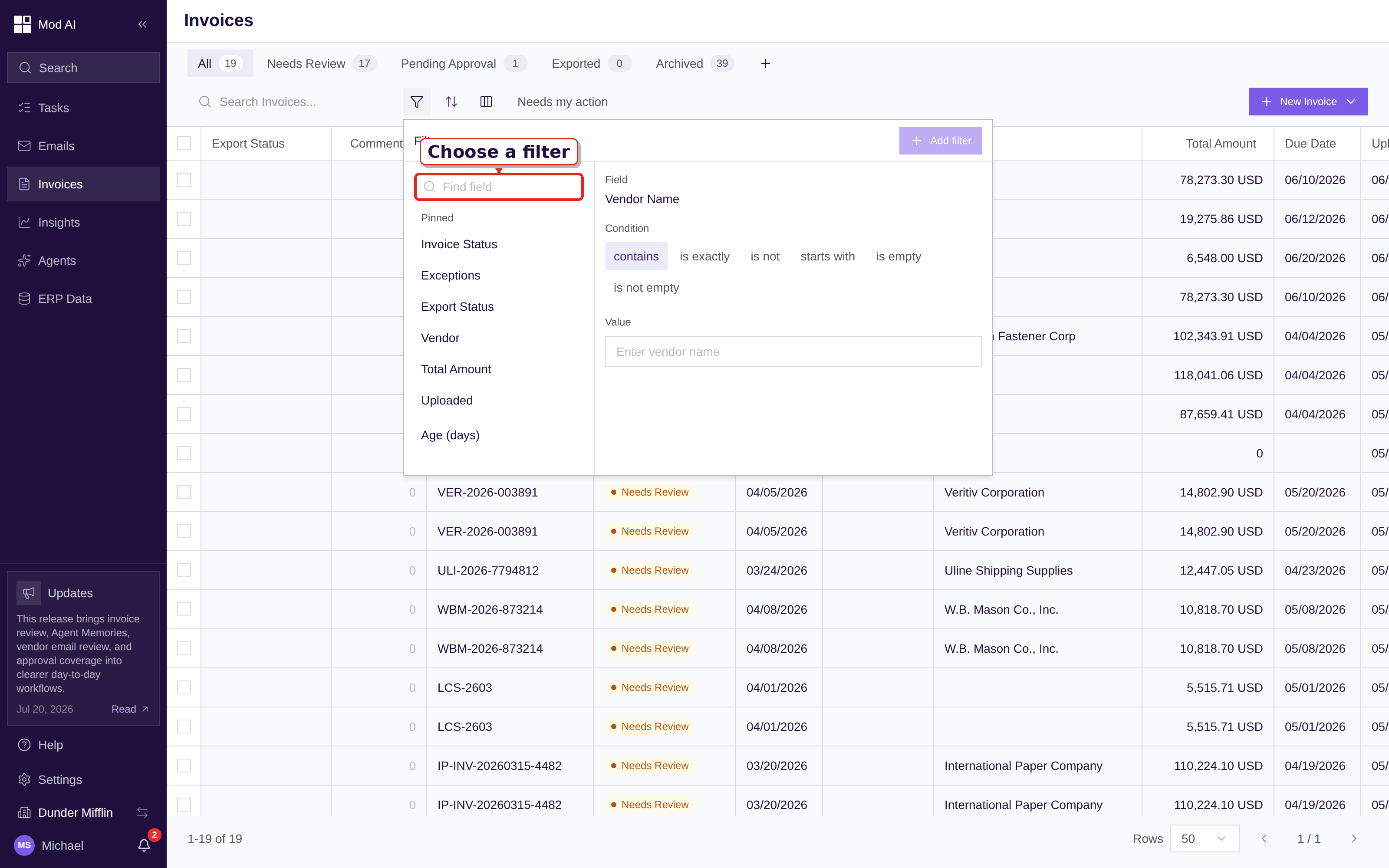 The live invoice-list filter picker with the Exceptions and Age fields visible