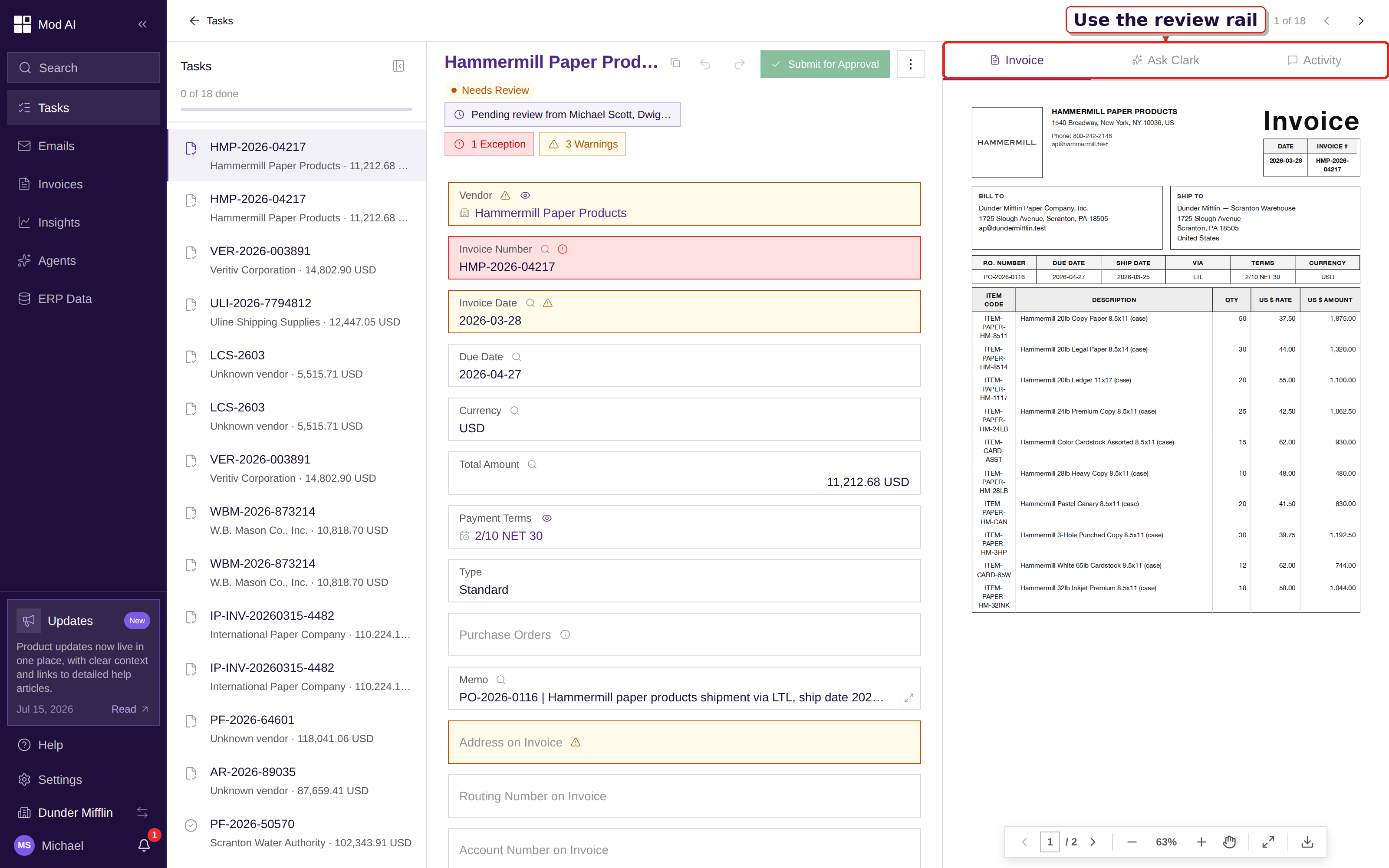 The invoice workspace with its rendered source document and review rail
