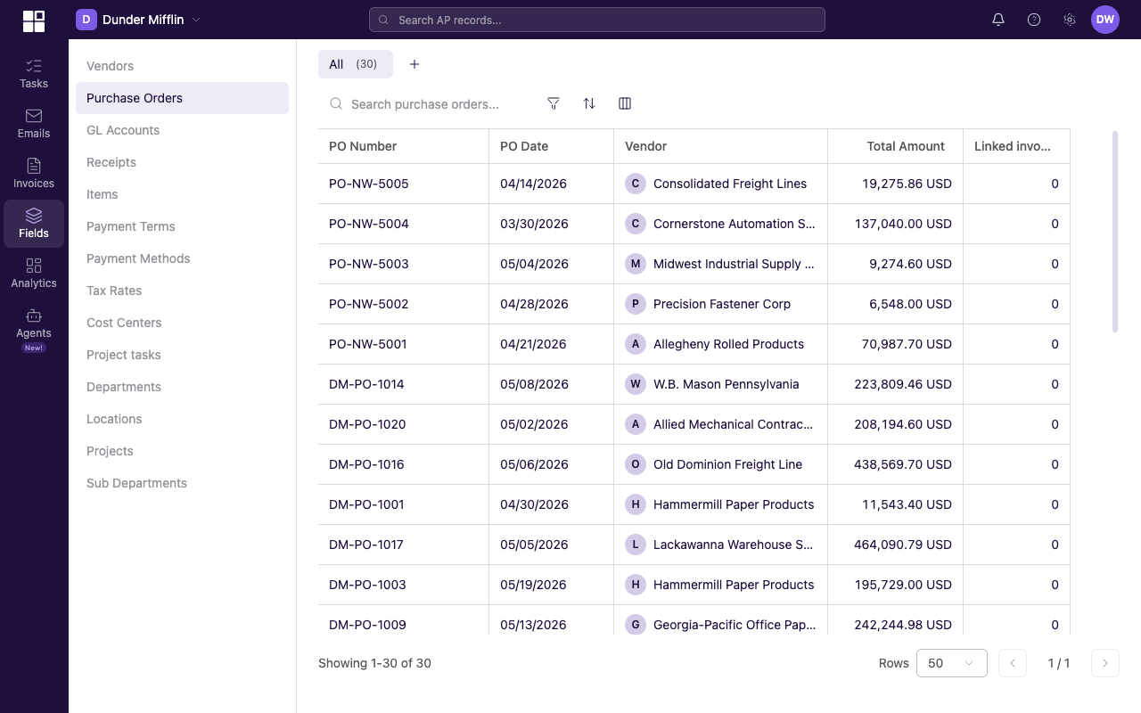 Purchase orders list with POs from multiple vendors showing PO Number, PO Date, Vendor, and Total Amount columns