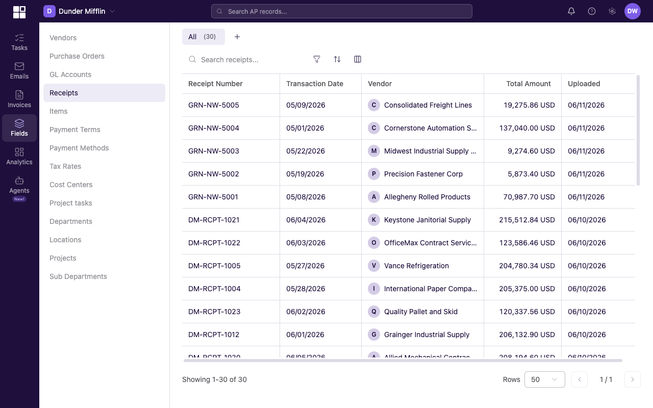 Receipts list with receipts from multiple vendors showing Receipt Number, Transaction Date, Vendor, Total Amount, and Uploaded columns