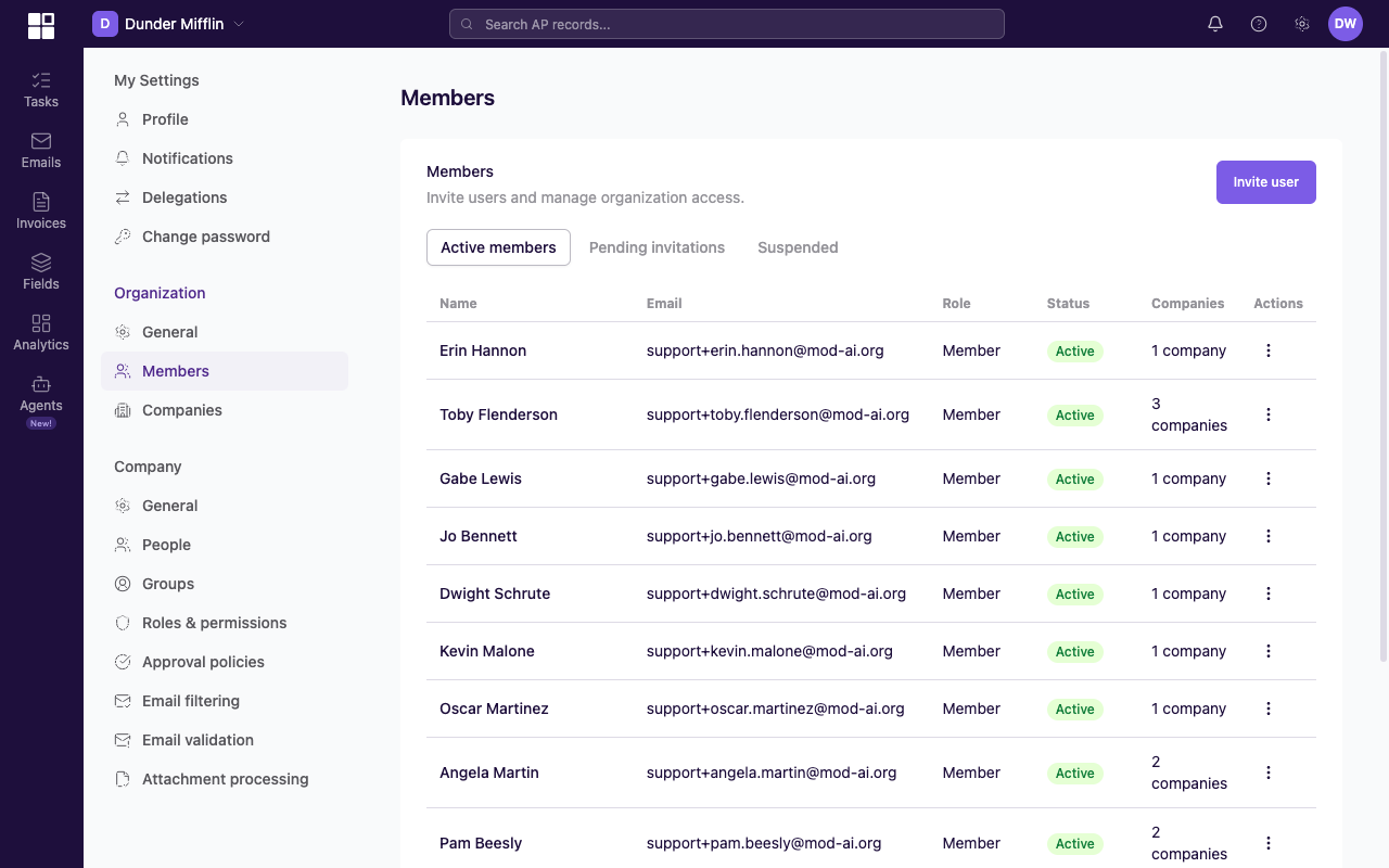Organization Members page in the three-tier settings nav