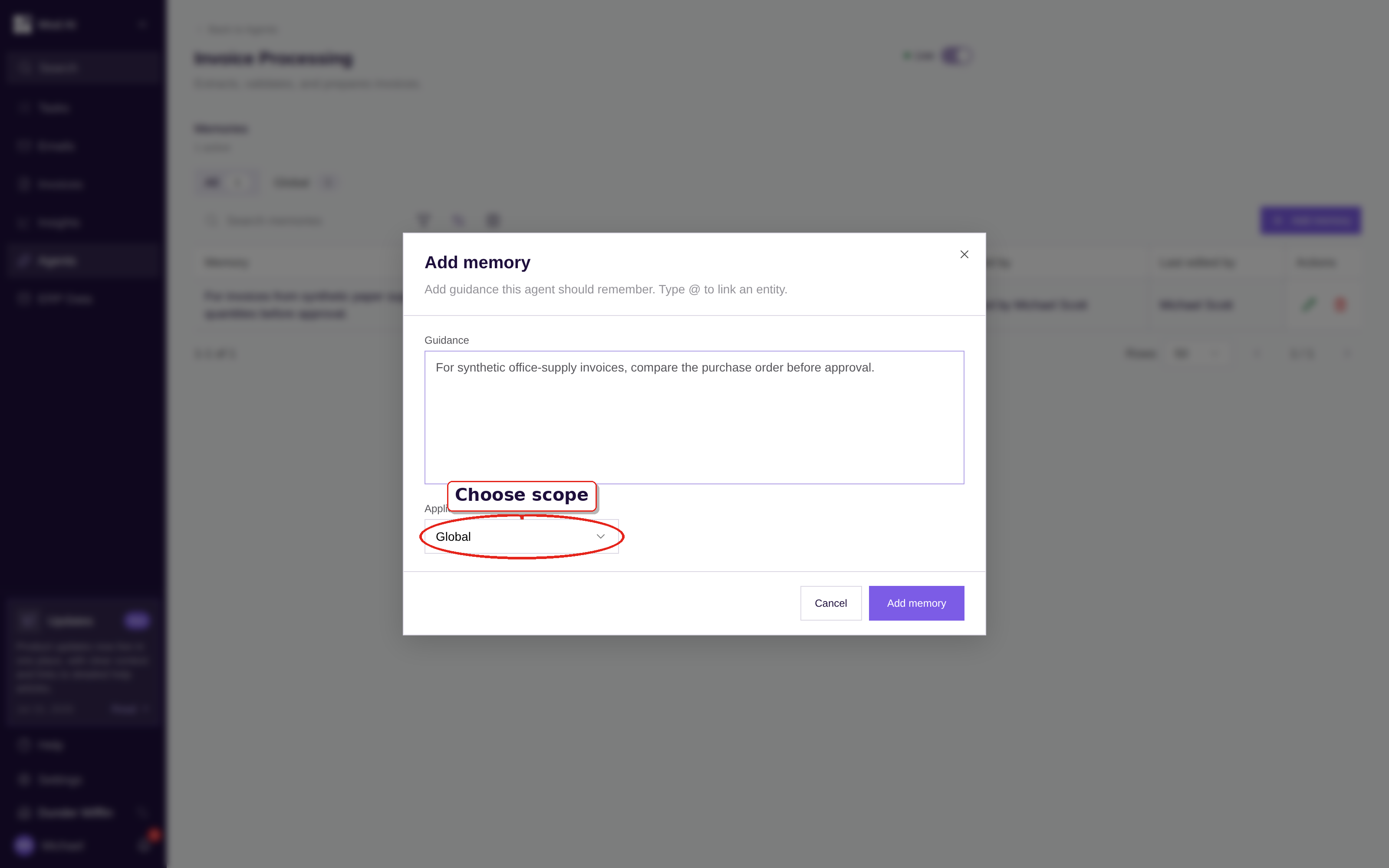 The memory authoring dialog with the scope control
