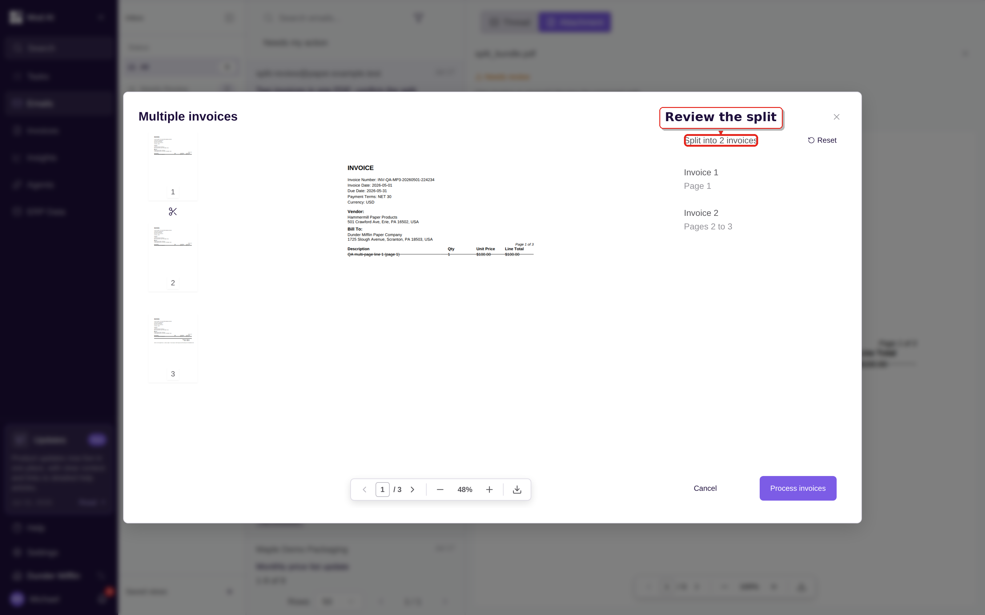 Split-review modal with page thumbnails and the proposed two-invoice result