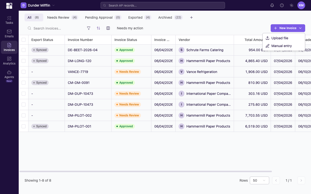 New Invoice dropdown open in the top-right of the Invoices page, showing two menuitems: Upload file and Manual entry