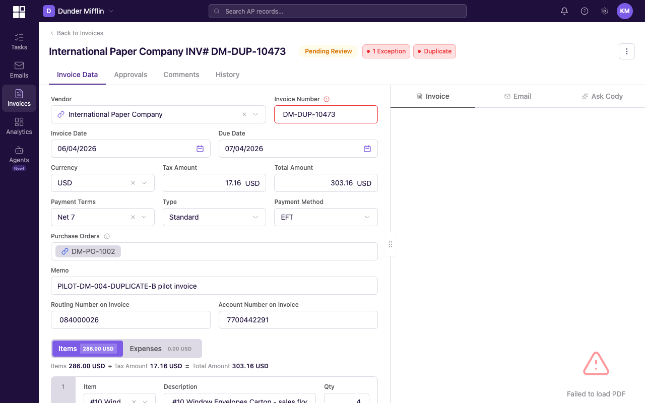 Notice panel on an invoice detail page showing one of the eight notice types with its explanation and recommended action
