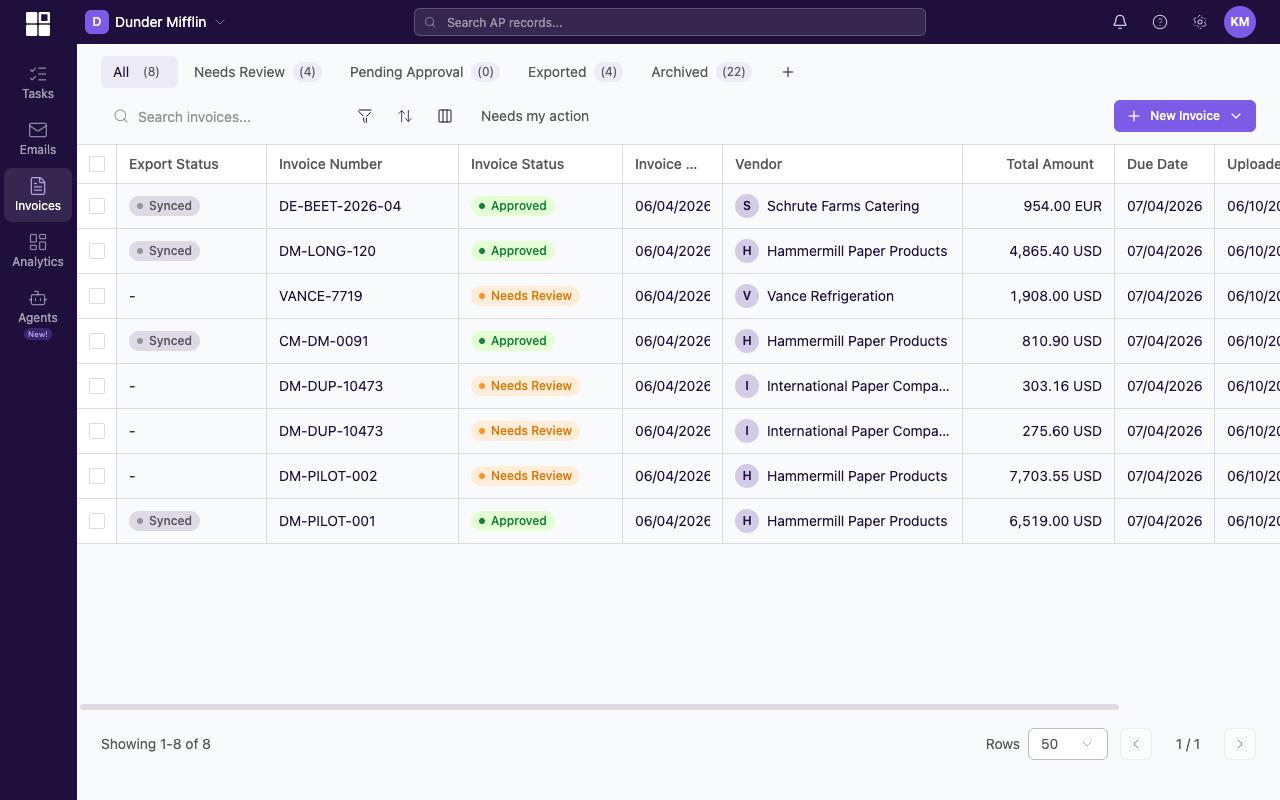 Invoices list showing Invoice Number, Status, Date, Vendor, Total Amount, Due Date, and Approval columns