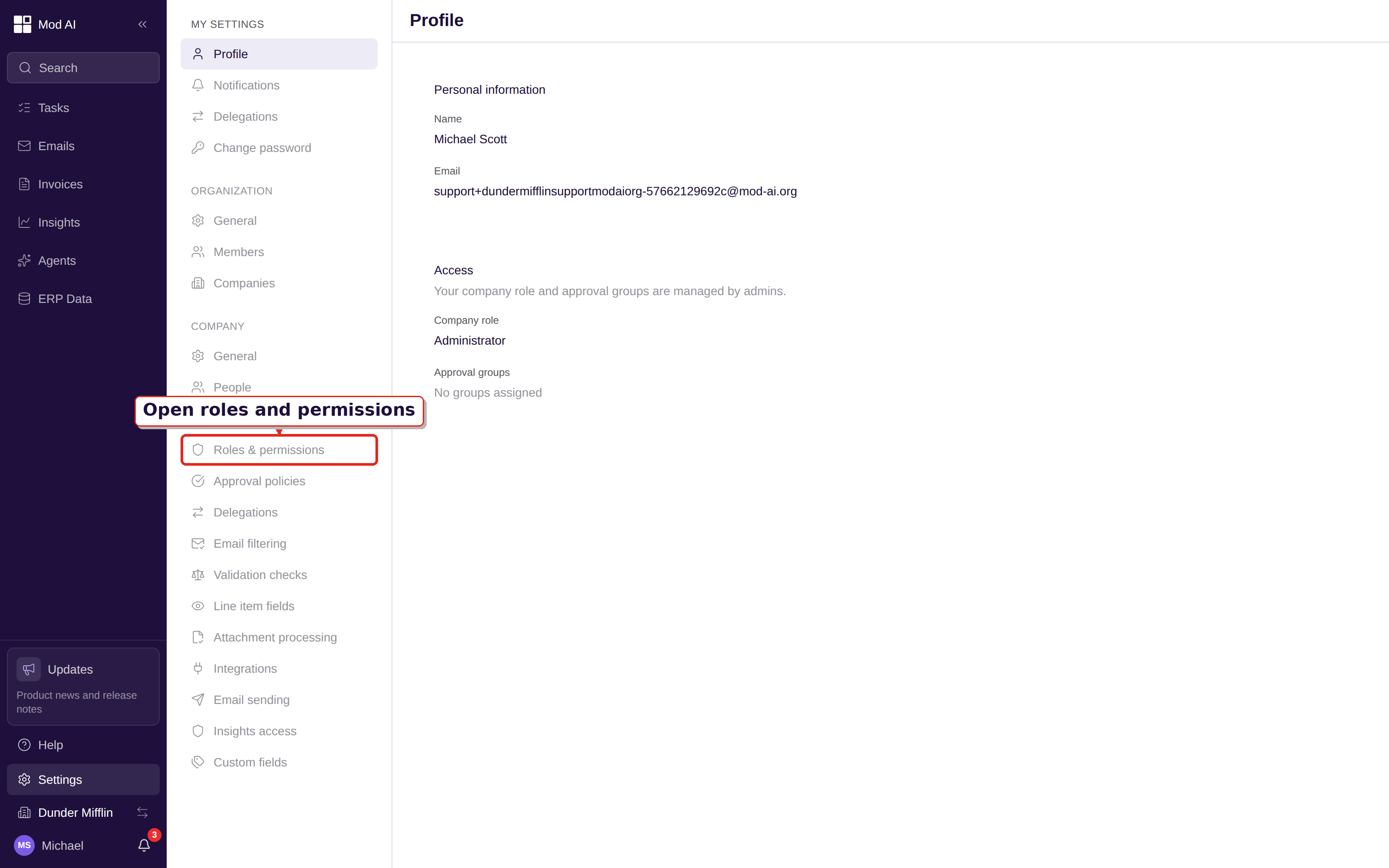 Settings navigation grouped into My Settings, Organization, and Company