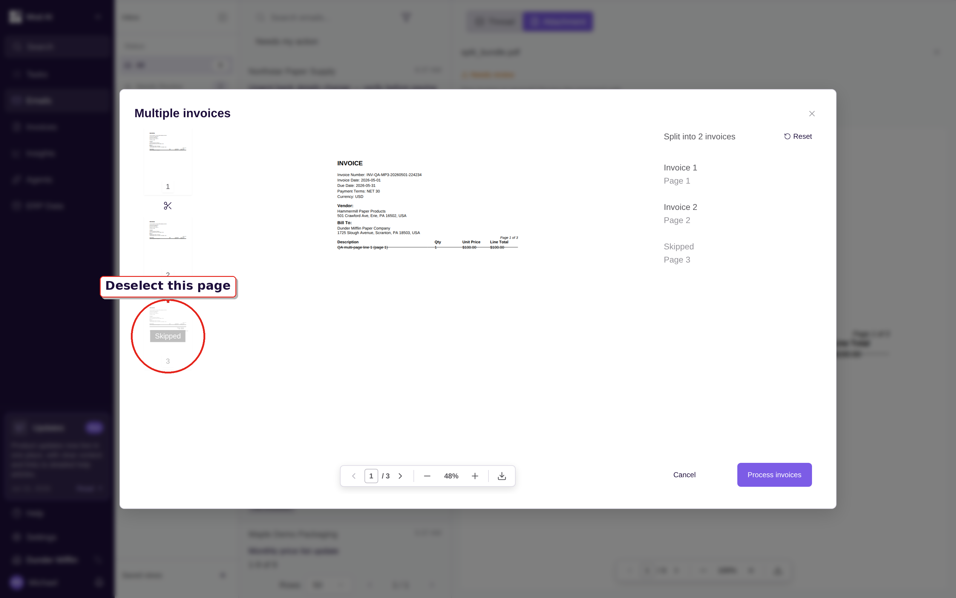 Split-review modal showing a page deselected as skipped before processing