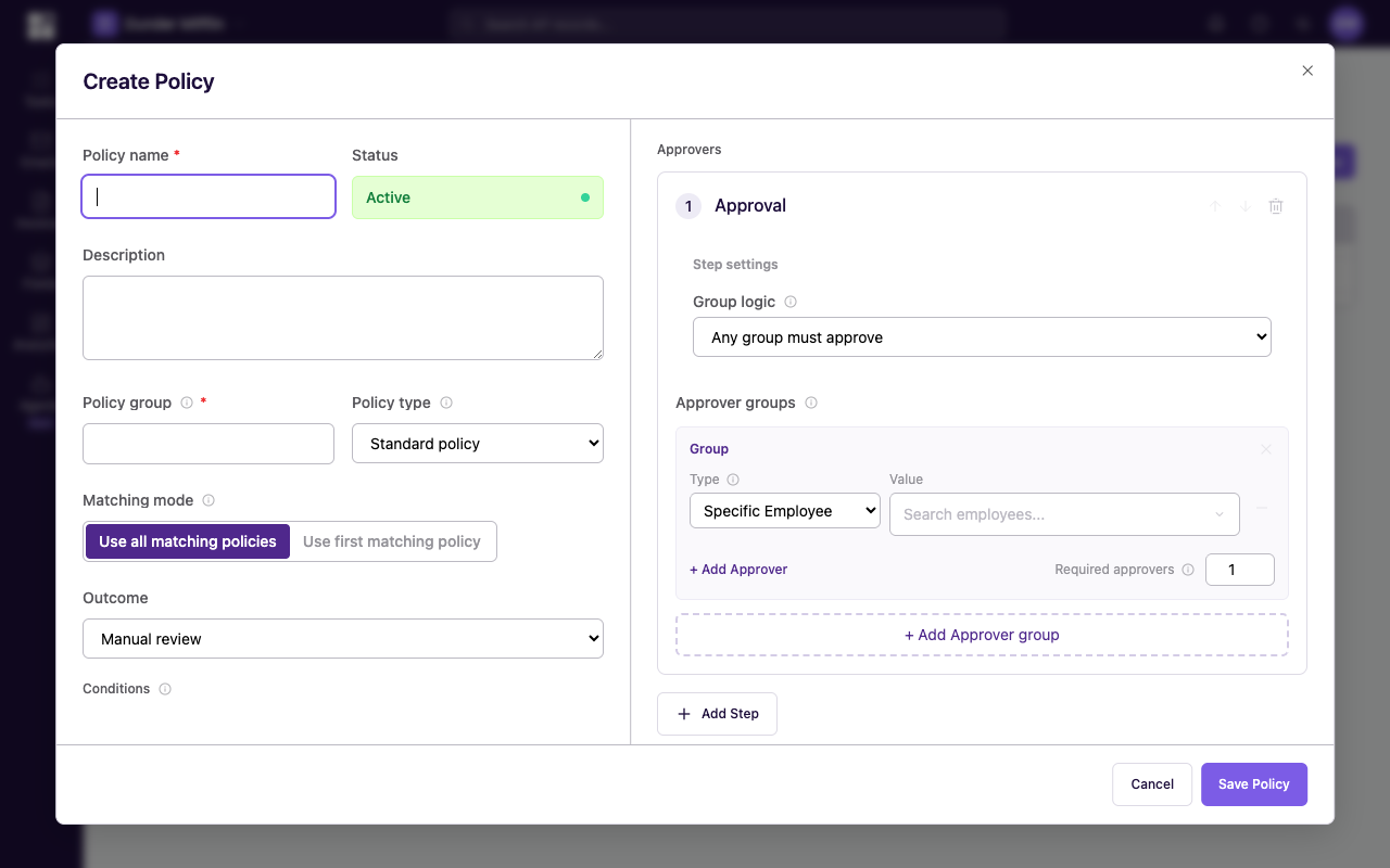 Step 1 card inside the Create Approval Policy dialog, showing an Approver group field with a Manager pill and Any / All radio buttons underneath