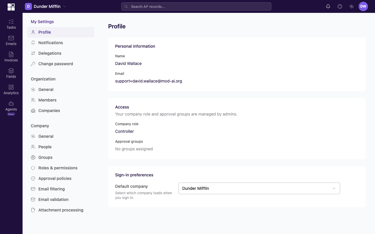 Settings landing page showing the three-tier model: My Settings, Organization, and Company