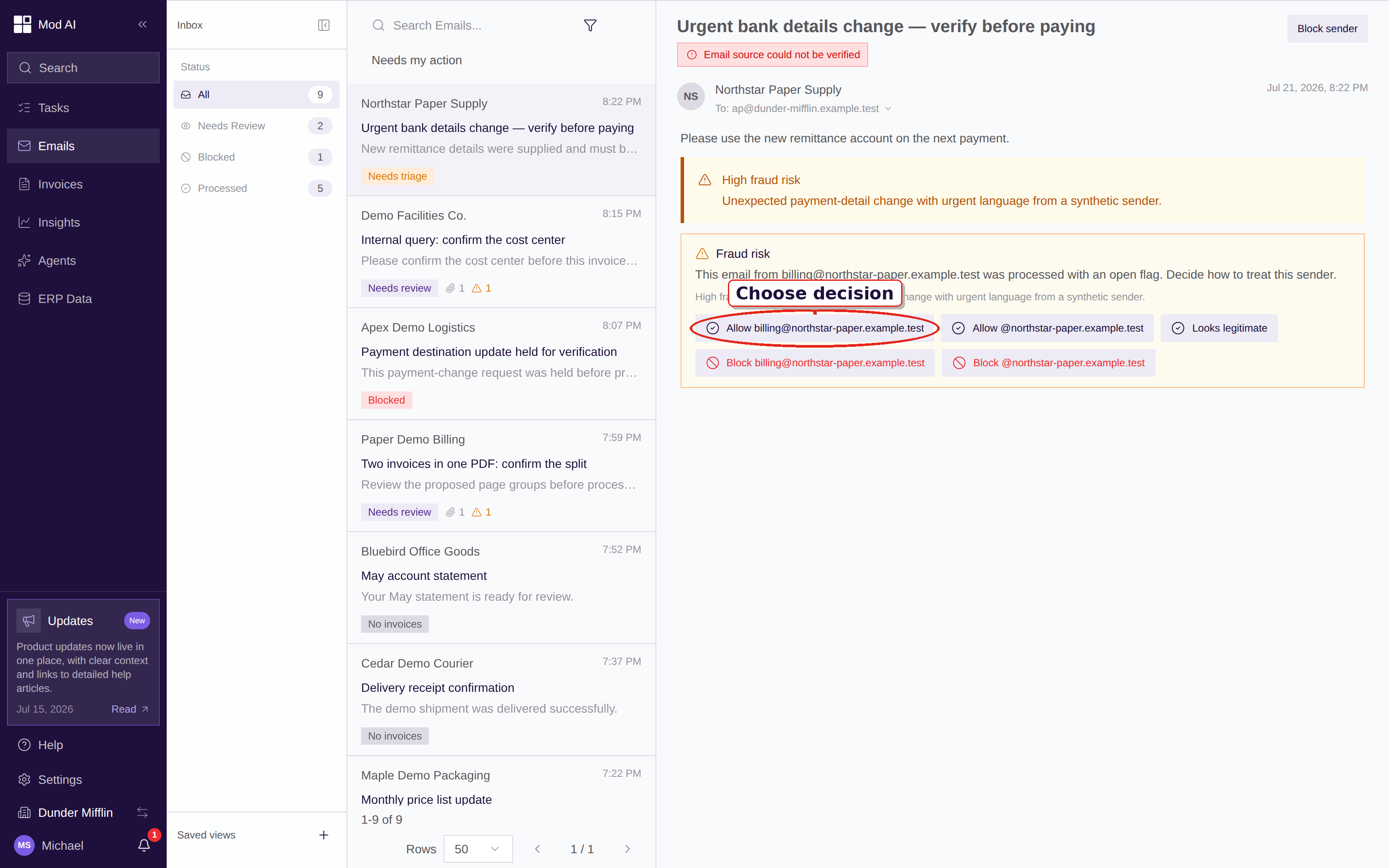 A flagged email with its sender-decision controls